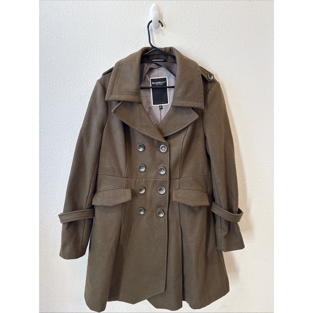 Runway New York Olive Green Pea Coat‎ Size XL Wool